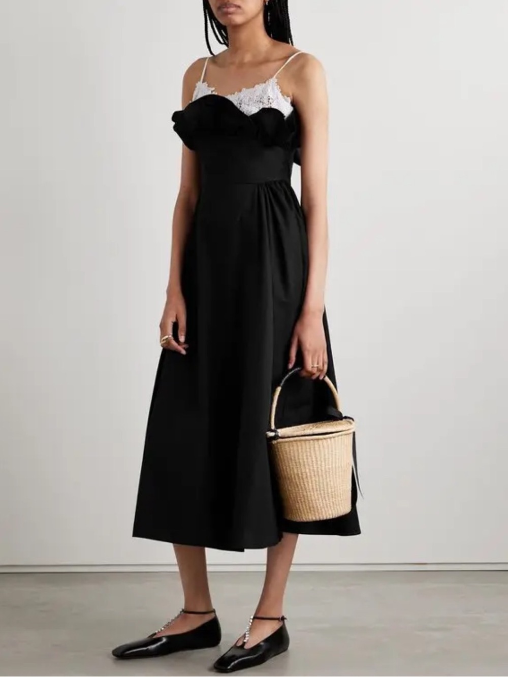 KIKA VARGAS Élisabeth lace-trimmed gathered cotton-poplin midi dress black